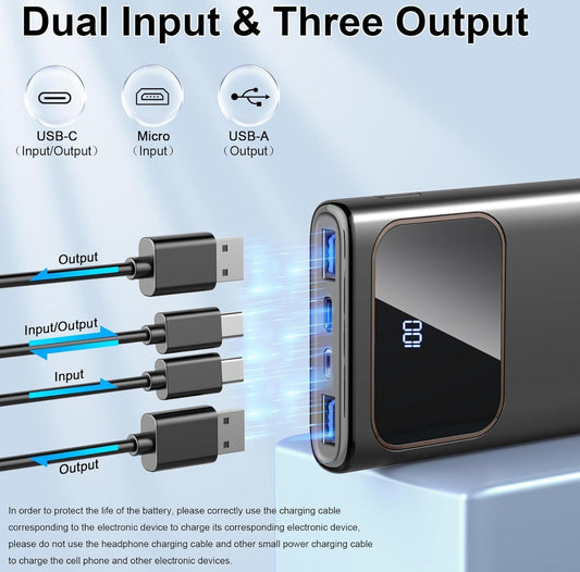Power Bank High-Speed Charging 10000mAh, Portable Charger Dual Current Mode Phone Battery Pack with USB-C Input & Output, PowerBank Triple 3A for iPhone 16 15 14 Pro Max iPad Samsung Xiaomi Android